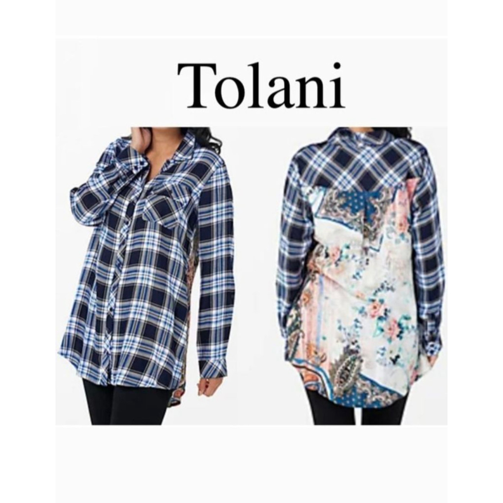 Tolani Blue White Plaid Floral Button Down Shirt XLP boho grunge streetwear